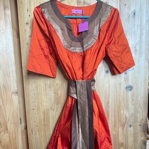 CHRISTIANE CELLE CALYPSO St. Barth Copper Orange Silk Dupioni Mod Mini Dress S